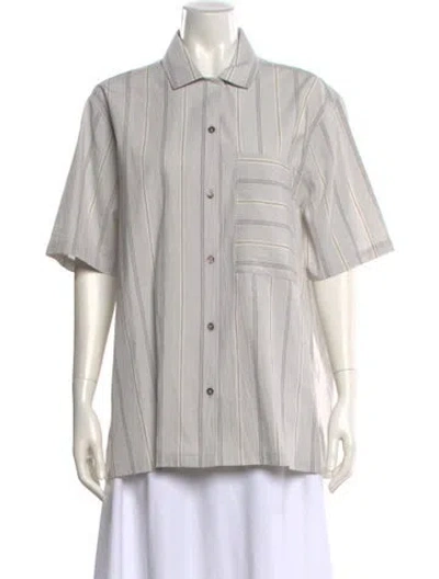 Pre-owned Cawley Studio Striped Short Sleeve Button-up Top In Blue