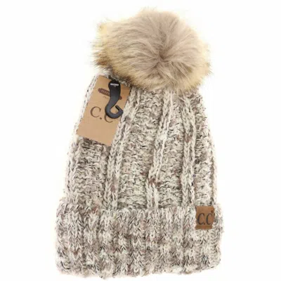 C.c Beanie Women's Fuzzy Lined Popcorn Confetti Fur Pom Beanie In Beige Multi In Grey