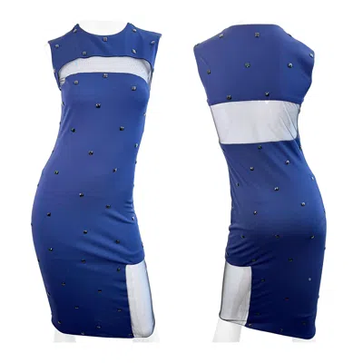 Pre-owned Cd Greene 2000s  Navy Blue Sheer Panel Bodycon Dress With Crystal Embellishments