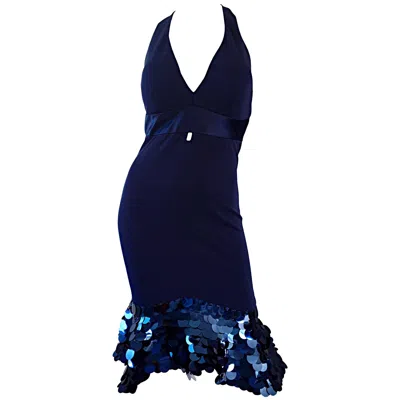 Pre-owned Cd Greene Couture 2000s Navy Blue Silk Jersey Paillette Mermaid Dress