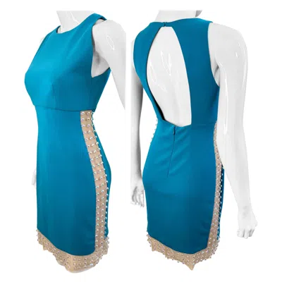 Pre-owned Cd Greene Couture Ss2012 Turquoise Crystal Embellished Cutout Cocktail Dress 6 In Blue