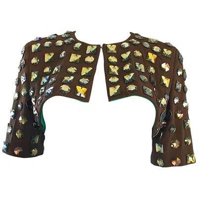 Pre-owned Cd Greene Fabulous 2000s C.d. Greene Brown Heavily Beaded Jeweled Cropped Vintage Bolero
