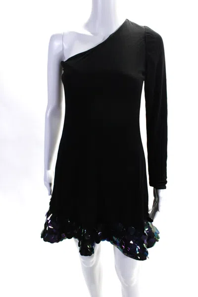 Cd Greene Womens One Shoulder Long Sleeve Sequin Trim Dress Black