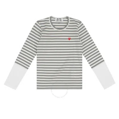 Cdg Play Horizontal-stripe Heart Emblem  Long-sleeve T-shirt In Grey/white