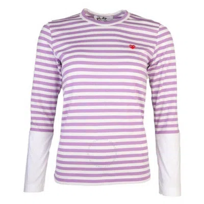 Cdg Play Horizontal-stripe Heart Emblem  Long-sleeve T-shirt In Purple/white