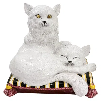 Pre-owned Ceccarelli Mid-20th Century Italian  Ceramic Cats On Cushion In Gray