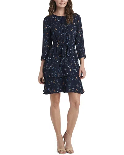 Cece 3/4 Sleeve Floral Printed Ruffle Dress In Blue