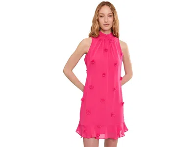 Cece 3d Floral Applique Tie Neck Mini Dress In Brown