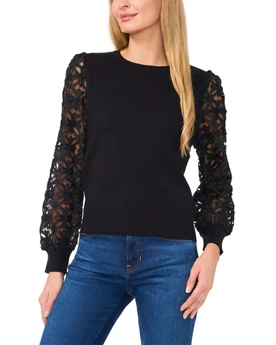 Cece 3d Floral Lace Combo Sweater In Black