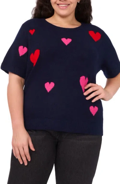 Cece All Over Heart Short Sleeve Sweater In Blue