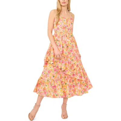 Cece Asymmetric Ruffle Floral Print Midi Dress In Multi