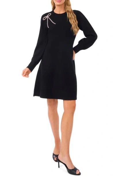 Cece Beaded Bow Detail Long Sleeve Sweater Minidress In Black