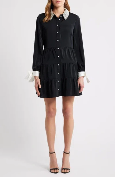 Cece Beaded Collar Bow Long Sleeve Shirtdress In Black