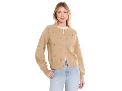Cece Beaded Embroidered Cardigan With Self Covered Buttons Women's Sweater Latte Heather: Lg, Polyester In Brown