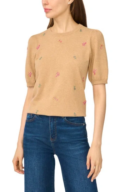 Cece Beaded Short Sleeve Crewneck Sweater In Brown