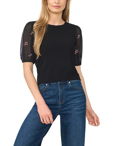 Cece Beaded Sleeve Crewneck Tee In Black