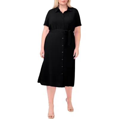Cece Belted Crinkle Midi Shirtdress In Rich Black