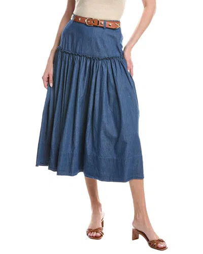 Cece Belted Denim Midi Circle Skirt In Blue