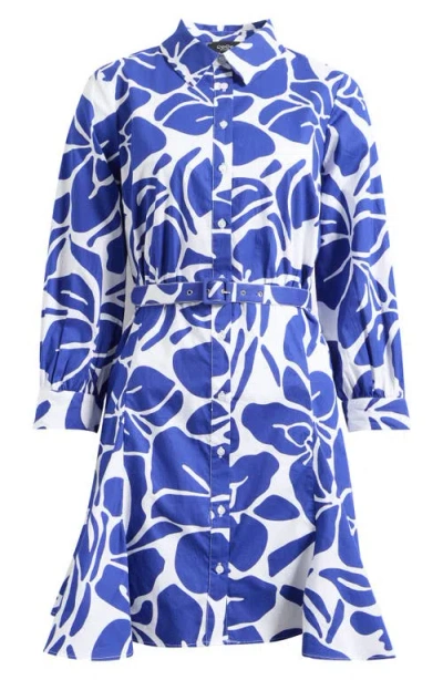 Cece Belted Long Sleeve Cotton Shirtdress In Blue