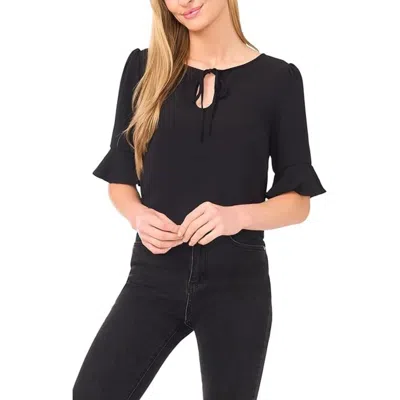 Cece Blouse Top Women's Rich Black Stretch Split Tie Neck Ruffle Cuff Gbo3847