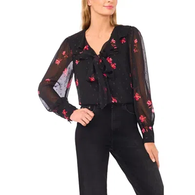 Cece Blouse Top Womens Rich Black Floral Ruffle V Neck Long Sleeve Gbo3553