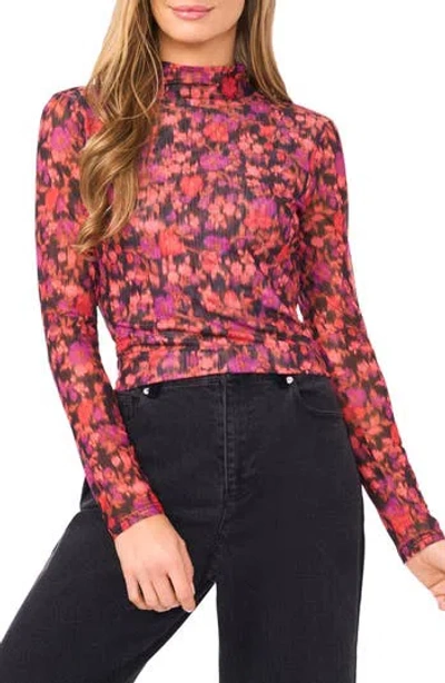 Cece Blurred Floral Mock Neck Mesh Top In Pink
