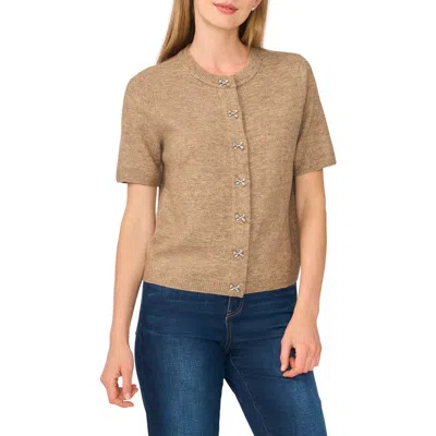 Cece Bow Accent Short Sleeve Cardigan In Brown