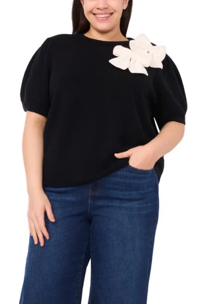 Cece Bow Appliqu Short Sleeve Sweater In Black