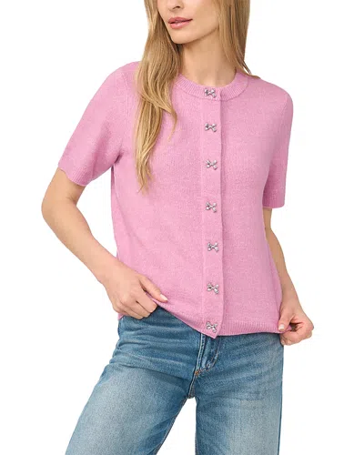 Cece Bow Button Short Sleeve Cardigan Sweater In Pink