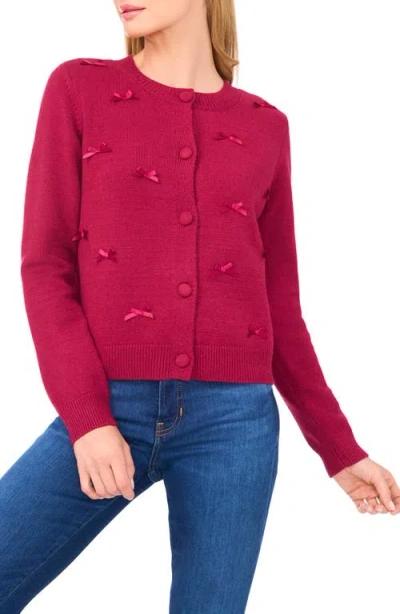 Cece Bow Detail Crewneck Cardigan In Burgundy