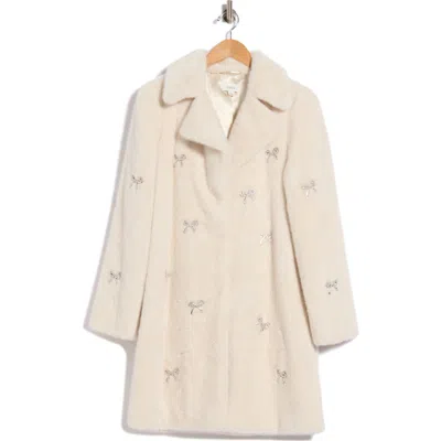 Cece Bow Embellished Faux Fur Coat In Ivory