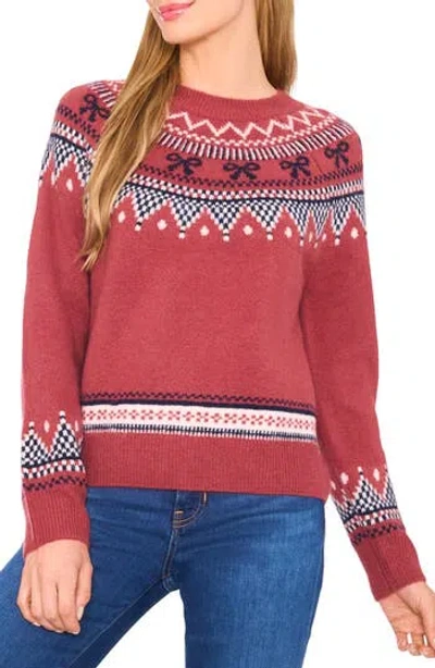 Cece Bow Fair Isle Ribbon Detail Crewneck Sweater In Red