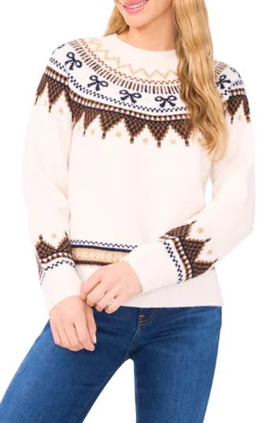 Cece Bow Fair Isle Ribbon Detail Crewneck Sweater In White