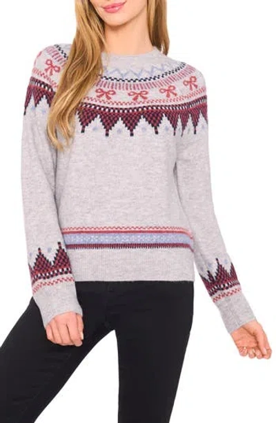 Cece Bow Fair Isle Ribbon Detail Crewneck Sweater In Gray