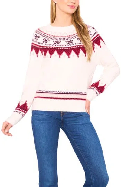 Cece Bow Fair Isle Ribbon Detail Crewneck Sweater In Pink