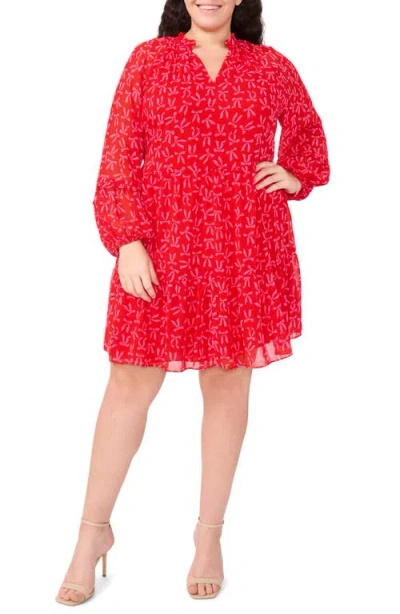 Cece Bow Print Long Sleeve Babydoll Dress In Scarlet Glow