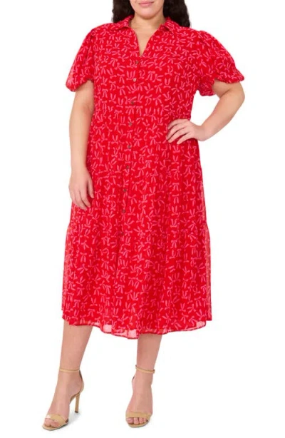 Cece Bow Print Tiered Midi Shirtdress In Scarlet Glow