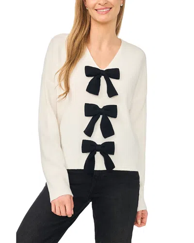 Cece Bow Trim V Neck Sweater In Neutral