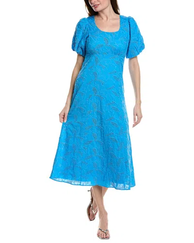 Cece Embroidered Eyelet Bubble Sleeve Cotton Midi Dress In Blue