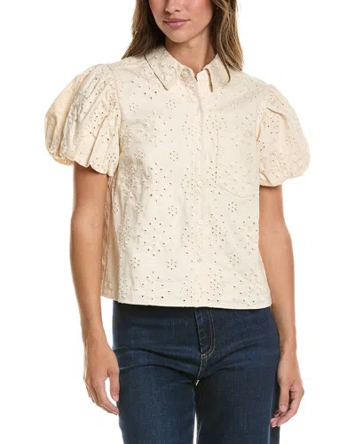 Cece Collared Eyelet Embroidery Bubble Sleeve Top In Neutral