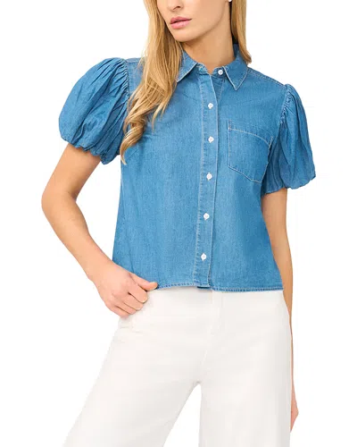 Cece Bubble Sleeve Denim Shirt In Blue