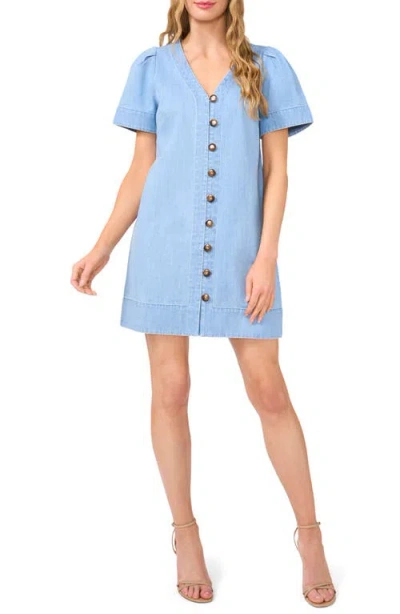 Cece Button Front Denim Minidress In Light Blue Wash