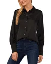 Cece Women's Luxe Satin Imitation Pearl Button Down Blouse In Rich Black