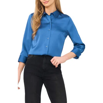 Cece Button Front Satin Shirt In Blue