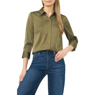 Cece Button Front Satin Shirt In Green