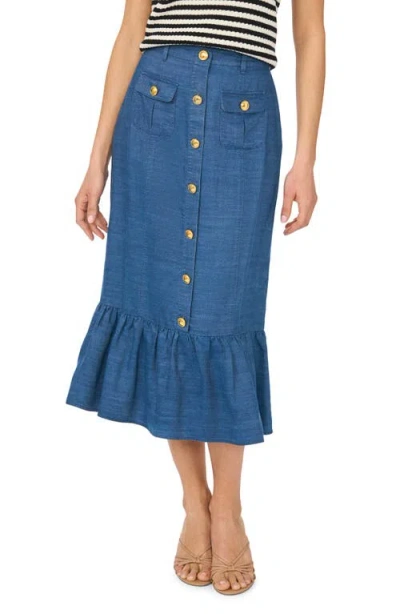 Cece Denim Button Down Midi Skirt In Blue