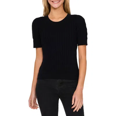 Cece Cable Stitch Short Sleeve Cotton Sweater In Rich Black
