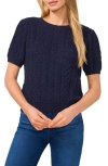 Cece Women's Puff Short Sleeve Mixed Cable Knit Crew Neck Sweater In Classic Navy