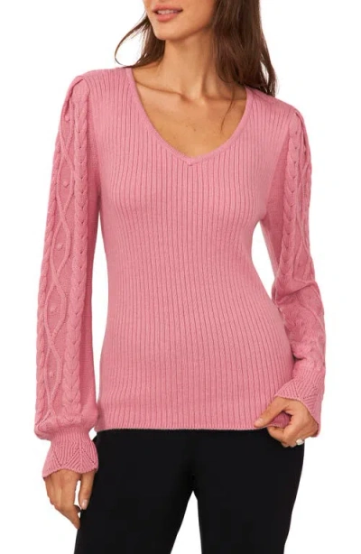 Cece Cable Stitch Sleeve V-neck Sweater In Pink