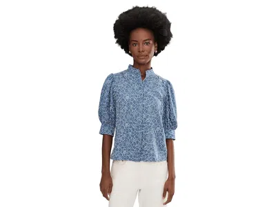 Cece Chambray Short Sleeve Hidden Placket Top In Blue